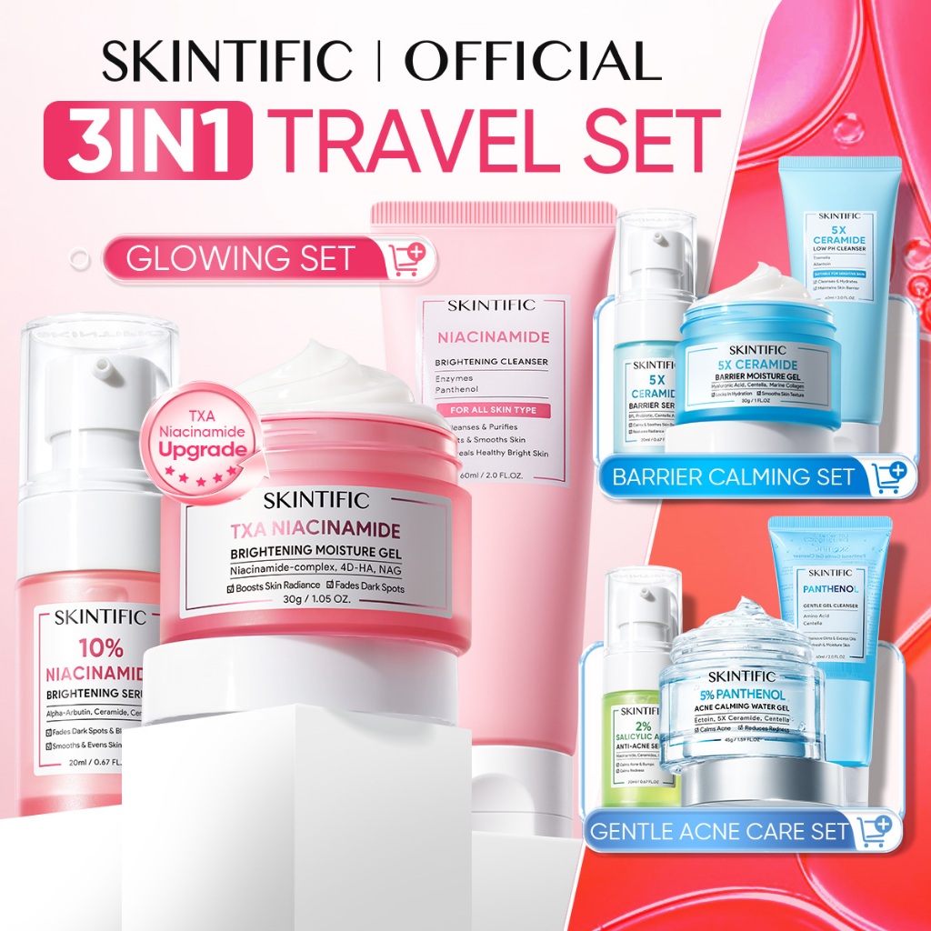 SKINTIFIC - 3pcs Travel Friendly Skincare Set | Serum + Moisturizer + Cleanser Mini Travel Size Day 