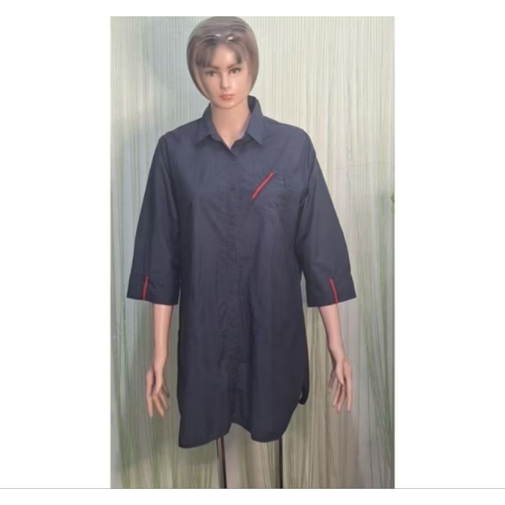 dress kemeja wanita jumbo biru navy list merah, big size