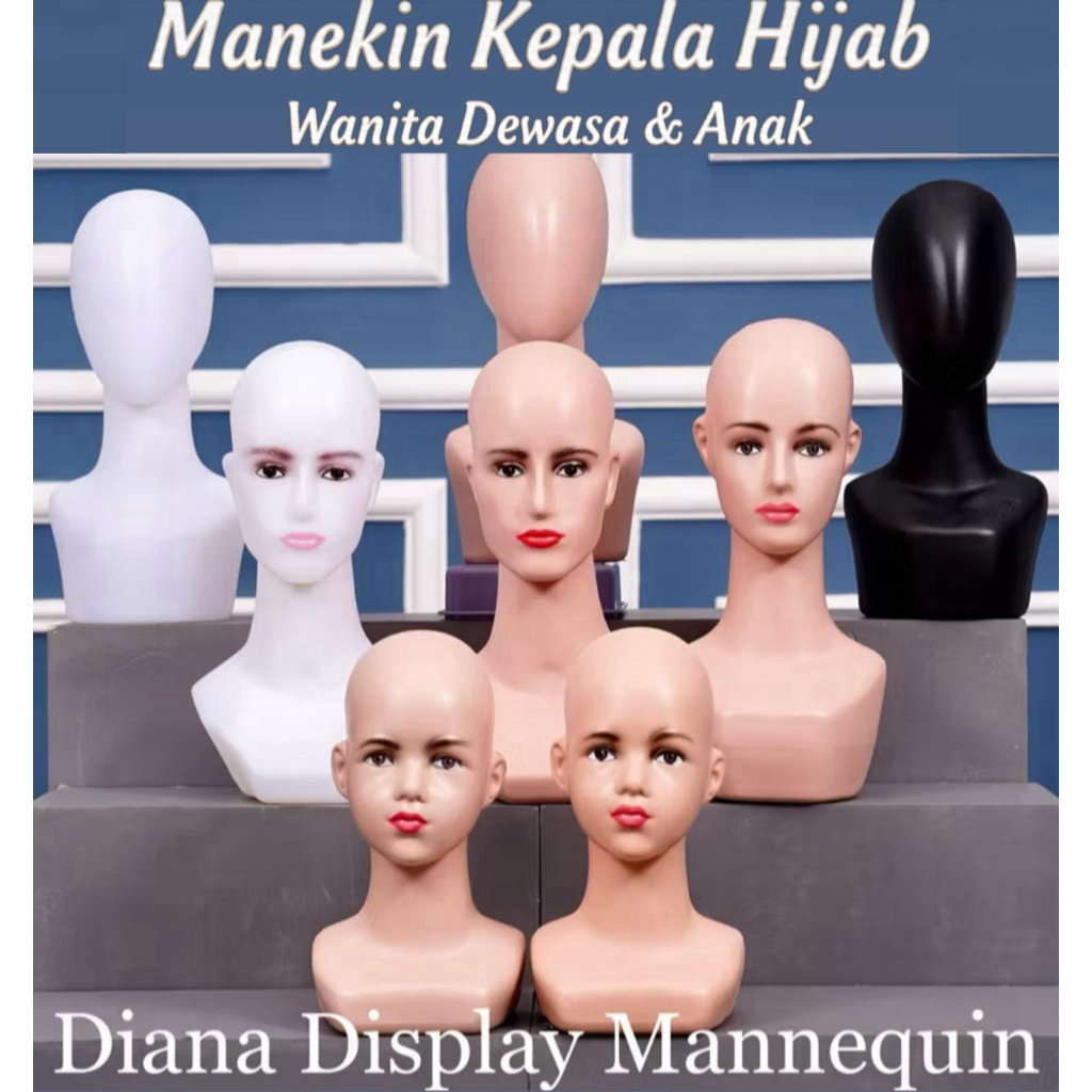 MANEKIN KEPALA HIJAB WANITA - ANAK - ALIEN PLASTIK - PATUNG DISPLAY HIJAB-TOPI-WIK-AKSESORIS KEPALA