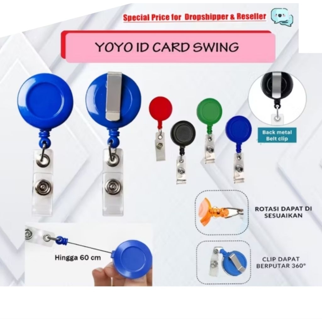 Gantungan ID Card Tali Yoyo bulat bisa diputar dengan penjepit stainless, untuk kantor, ujian, name 