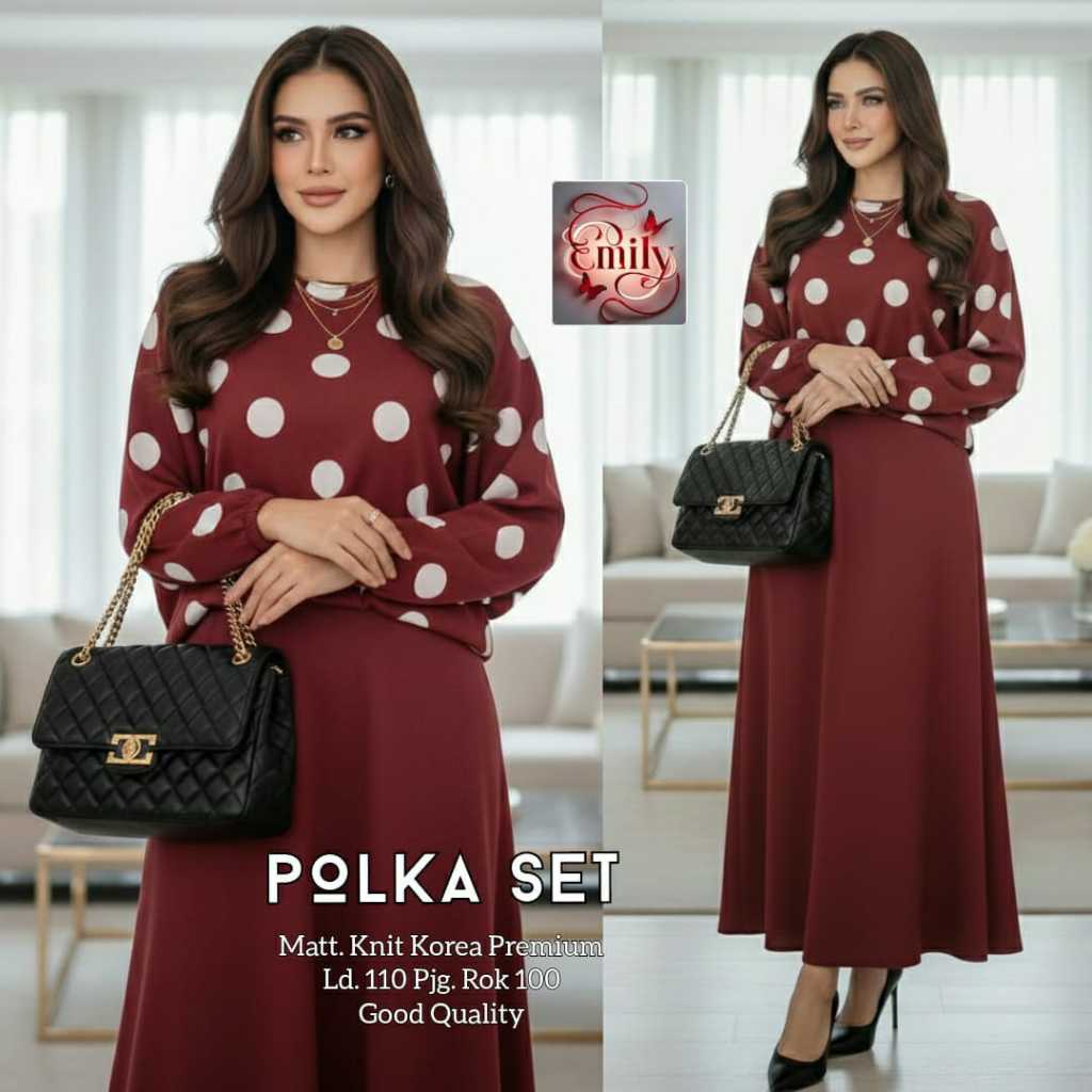 Setelan Baju Rok Polkadot Jumbo Polka Set Original Emily Matt Knit Korea Premium LD 110 All Size Fit