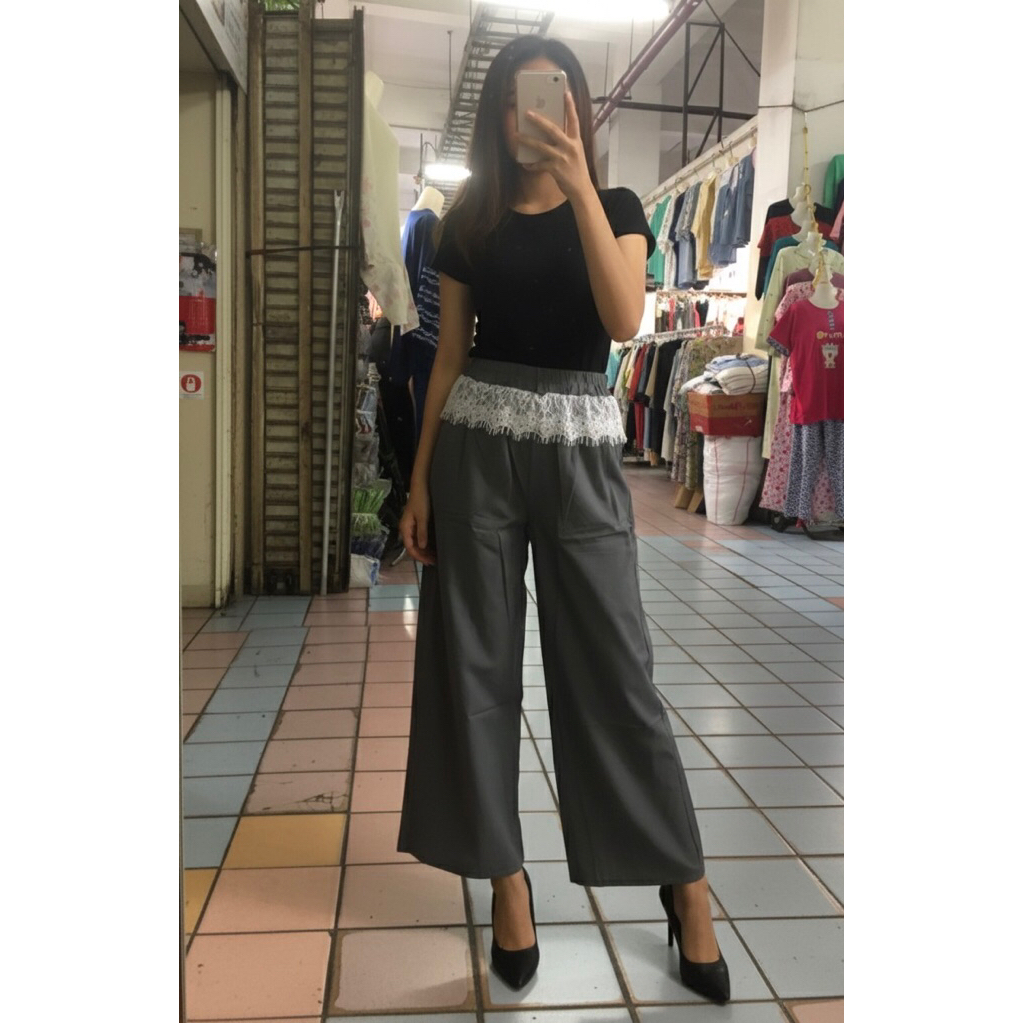 Celana Panjang Kulot Wanita Celana Pinggang Karet Renda Premium Celana Korea Style