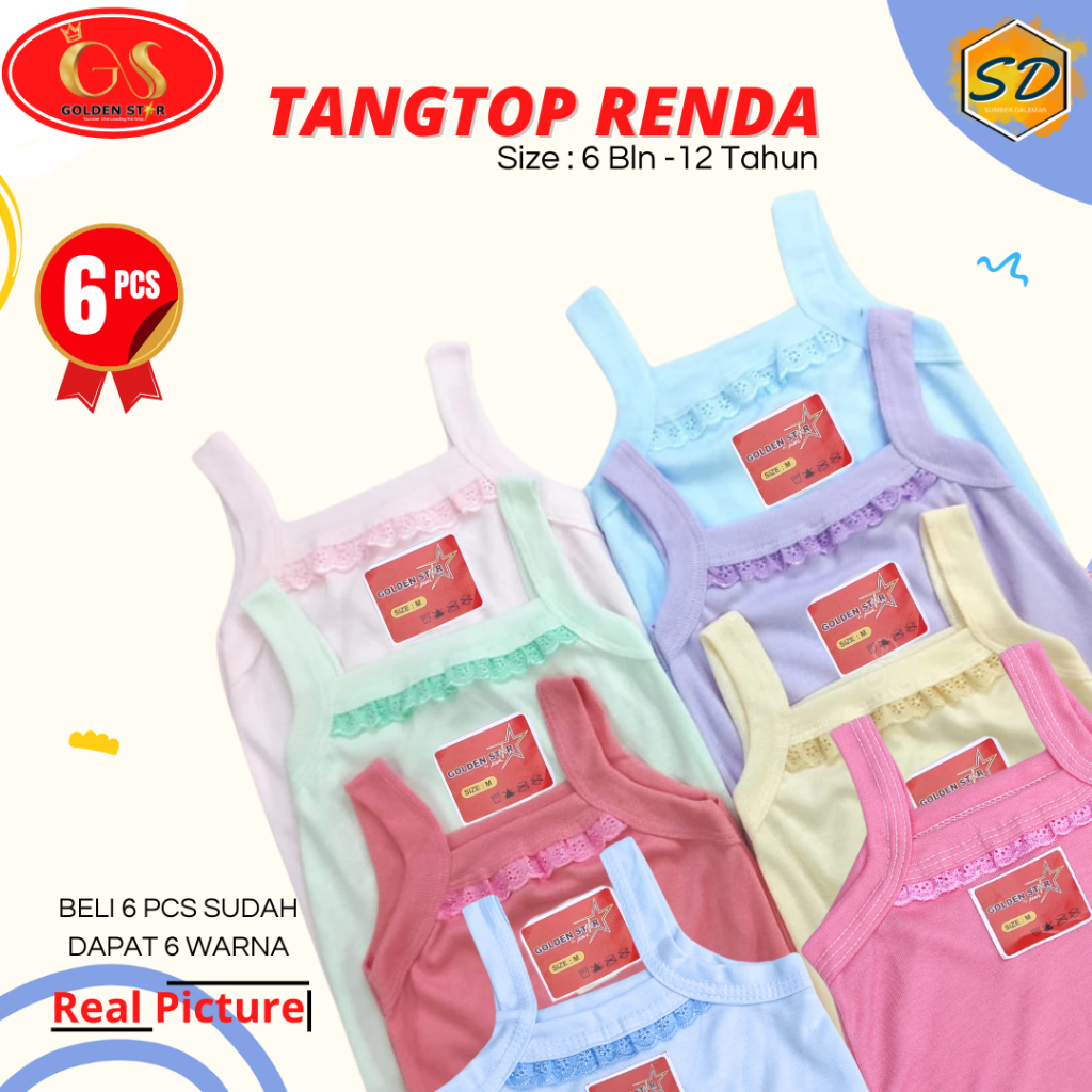 6 Pcs Kaos singlet dalem Tanktop Anak perempuan sampai remaja / Tanktop Anak Perempuan Golden Star D