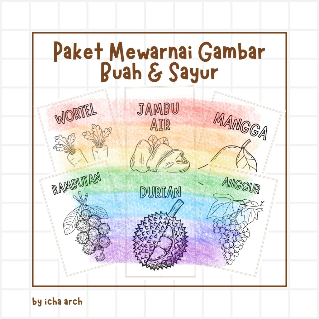50 Lembar Mewarnai Gambar Buah dan Sayur | Paket Mewarnai Gambar | Cocok Untuk Anak Paud TK SD