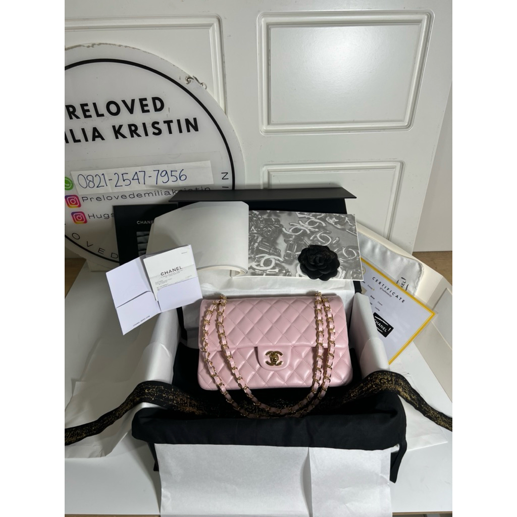 nego preloved 2023 Madium Lambskin light pink Lambskin GHW Double Flap Bag authentic