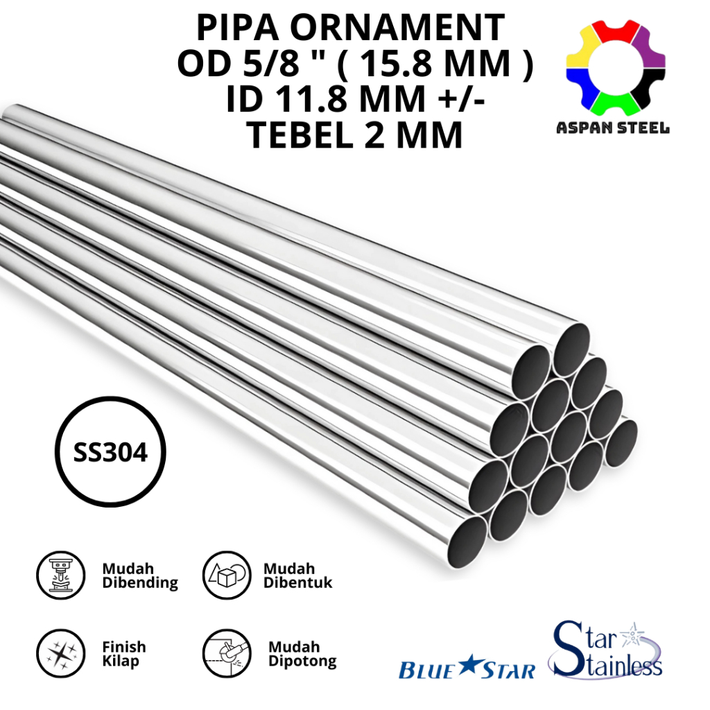 Pipa 5/8 inch ( 15.8 MM ) stainless steel tebel 2 mm 304