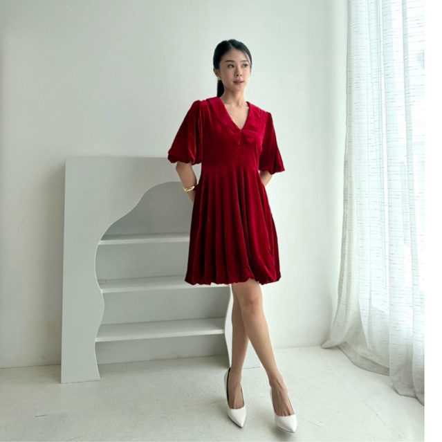 [ MAFIA ] Velvet mini chinese red maroon dress | V neck Dress velvet wanita