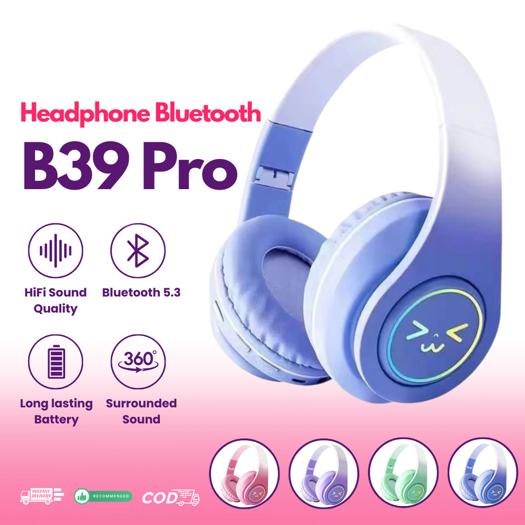 B39 Pro Headphone Bluetooth Earphone Gaming Lipat Headset Nirkabel Stereo HiFi LED dengan Mikrofon