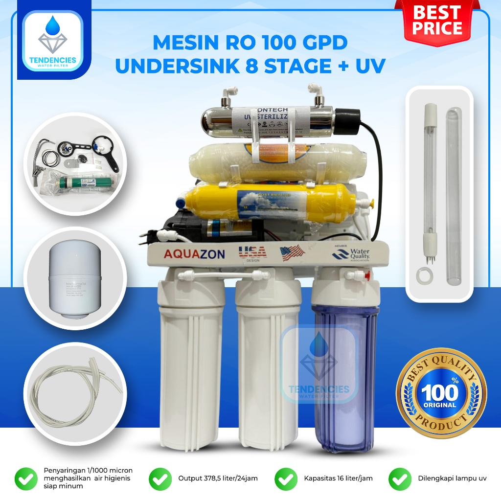 Mesin RO 100 GPD AQUAZON Undersink 8 Tahap Plus UV Filter Air Minum Rumah Tangga