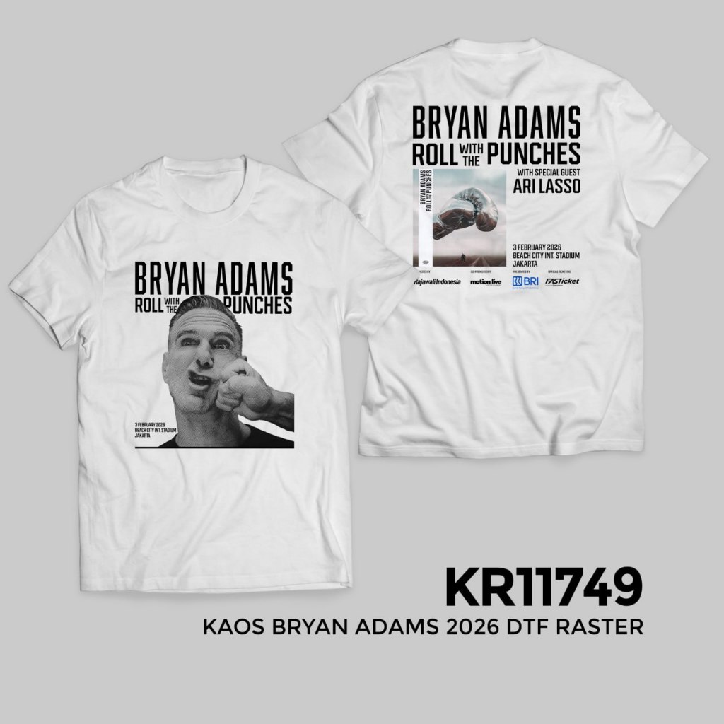 Kaos Bryan Adams Sablon DTF Raster Katun Kaos Konser Musik Warna Putih