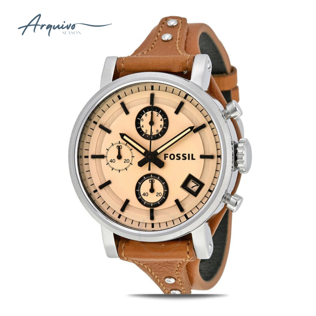 Jam Tangan Wanita Fossil Boyfriend Chronograph Leather Brown Sporty Casual Original ES4046
