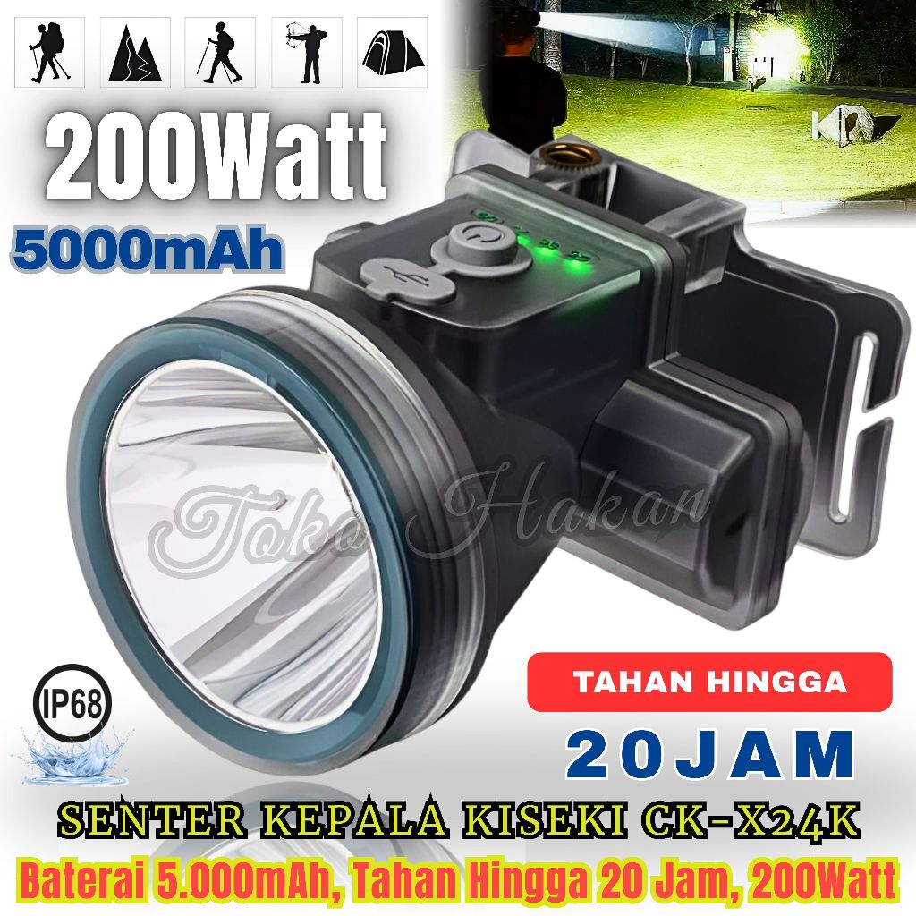 Terlaris ~Senter Kepala Selam KISEKI CK-X24K 200 Watt Super Terang Cahaya Putih / Senter Kepala LED 