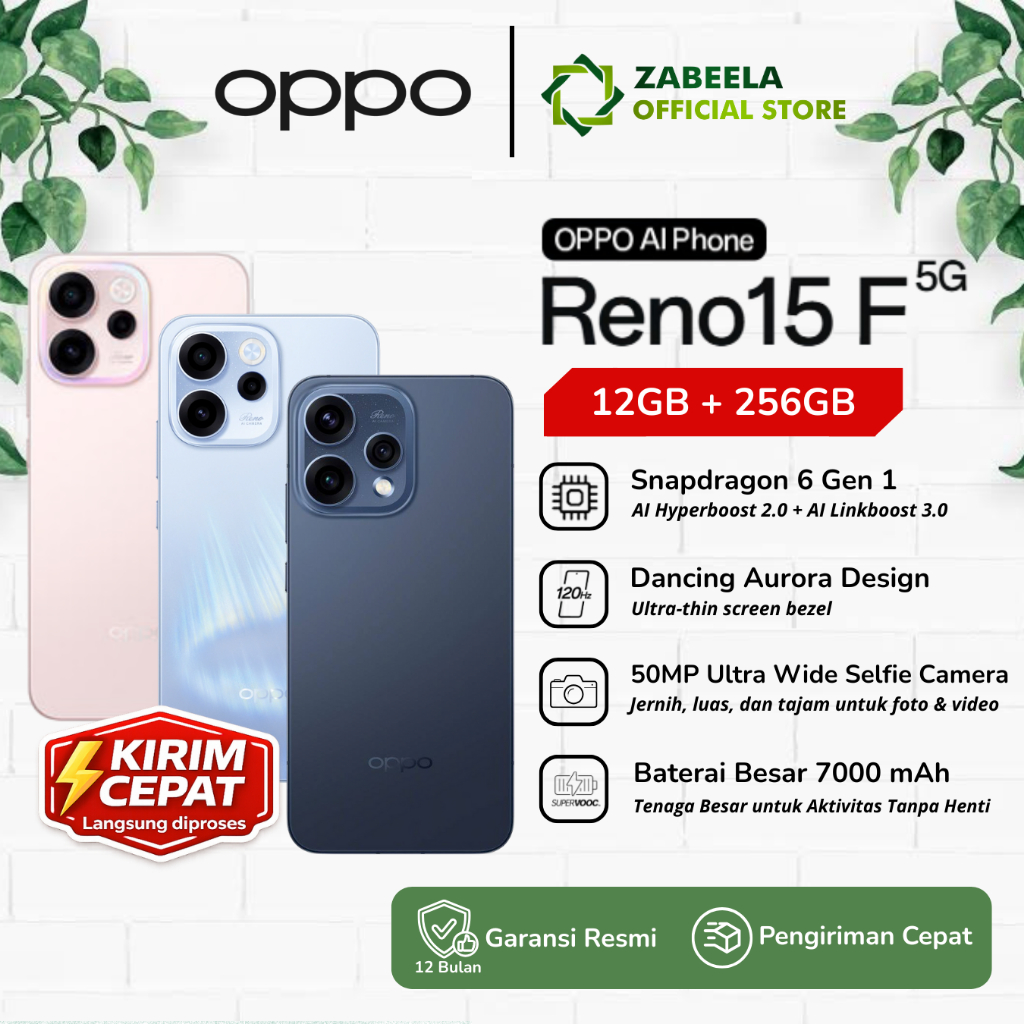 Oppo Reno 15F 5G 8/128GB 8/256GB 12/256GB Layar 6.57" Snapdragon 6 Gen 1 HP Oppo Terbaru 2026