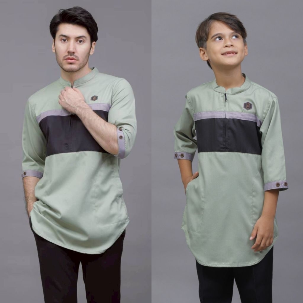 Baju Koko Pria Couple Ayah Dan Anak Warna Sage Green / Fashion Muslim Couple / Kurta Couple Ayah Dan