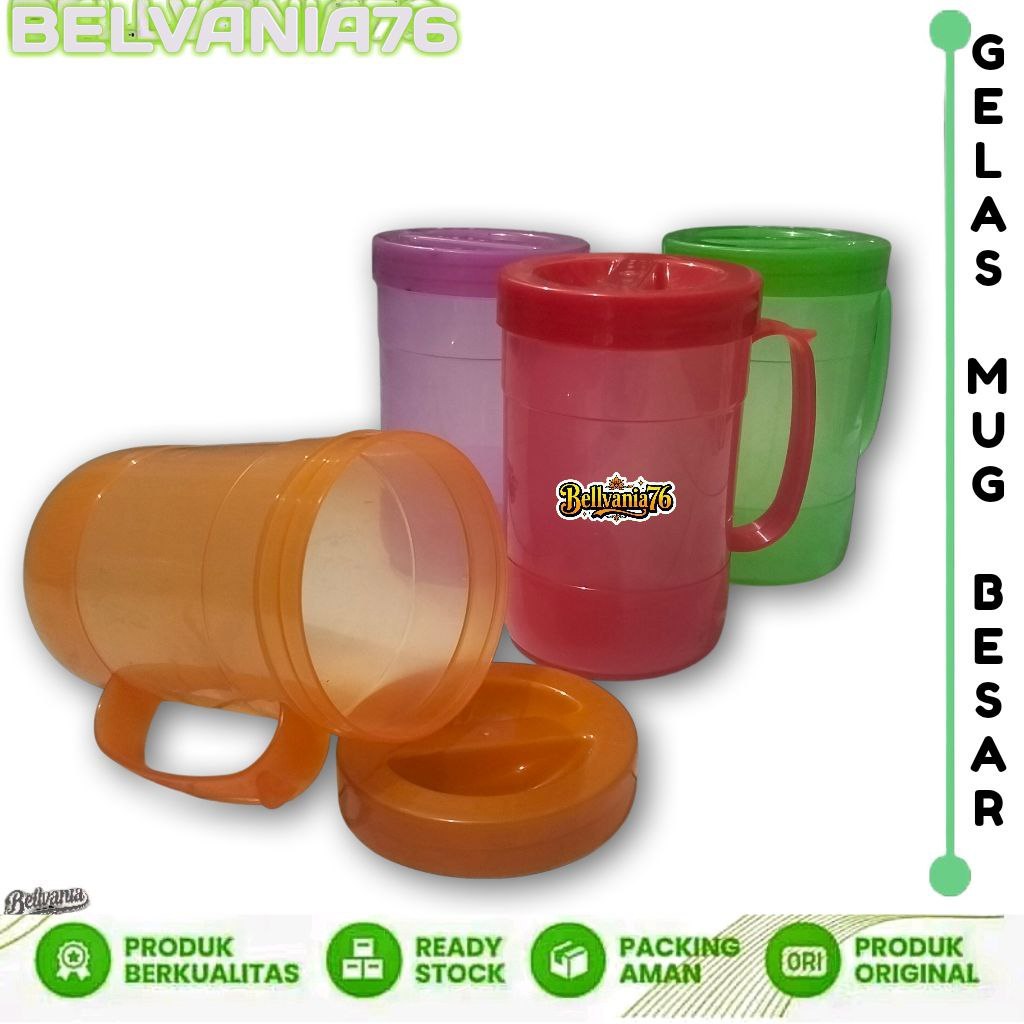 Gelas Plastik Tutup Besar /Mug Tutup Putar 1 Liter Warna Warni