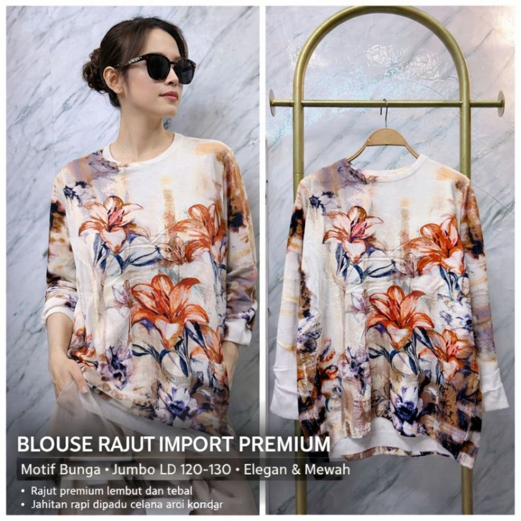 Blouse Rajut Import Premium Motif Bunga | Atasan Wanita Jumbo LD 120–130 | Kaos Rajut Lengan Panjang