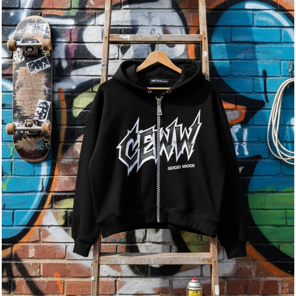 ZIPPER HOODIE BOXY GOOD MOOD WARNA HITAM SWEATER HOODIE PRIA WANITA OVERSIZE