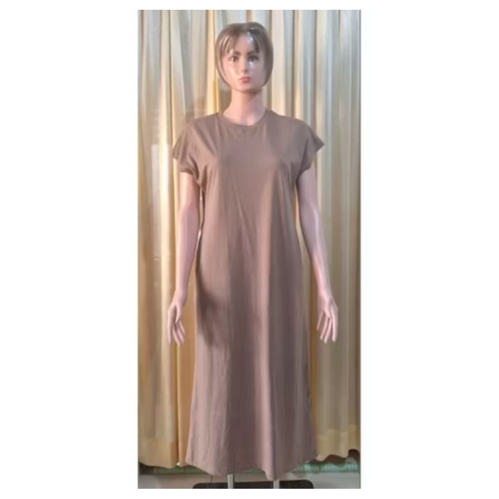 dress maxi panjang coklat polos lengan pendek