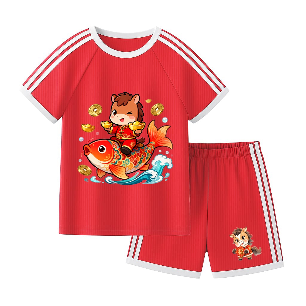 Piyama lengan panjang celana panjang tahun baru imblek kuda mas usia 1-10 tahun