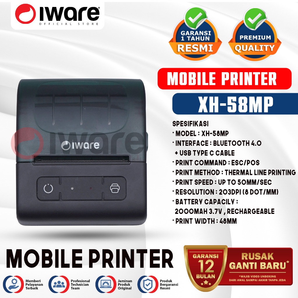 Iware Mobile Printer Thermal Kasir Struk PPOB X-series XH-58MP 58mm Usb Bluetooth Type C Best Seller
