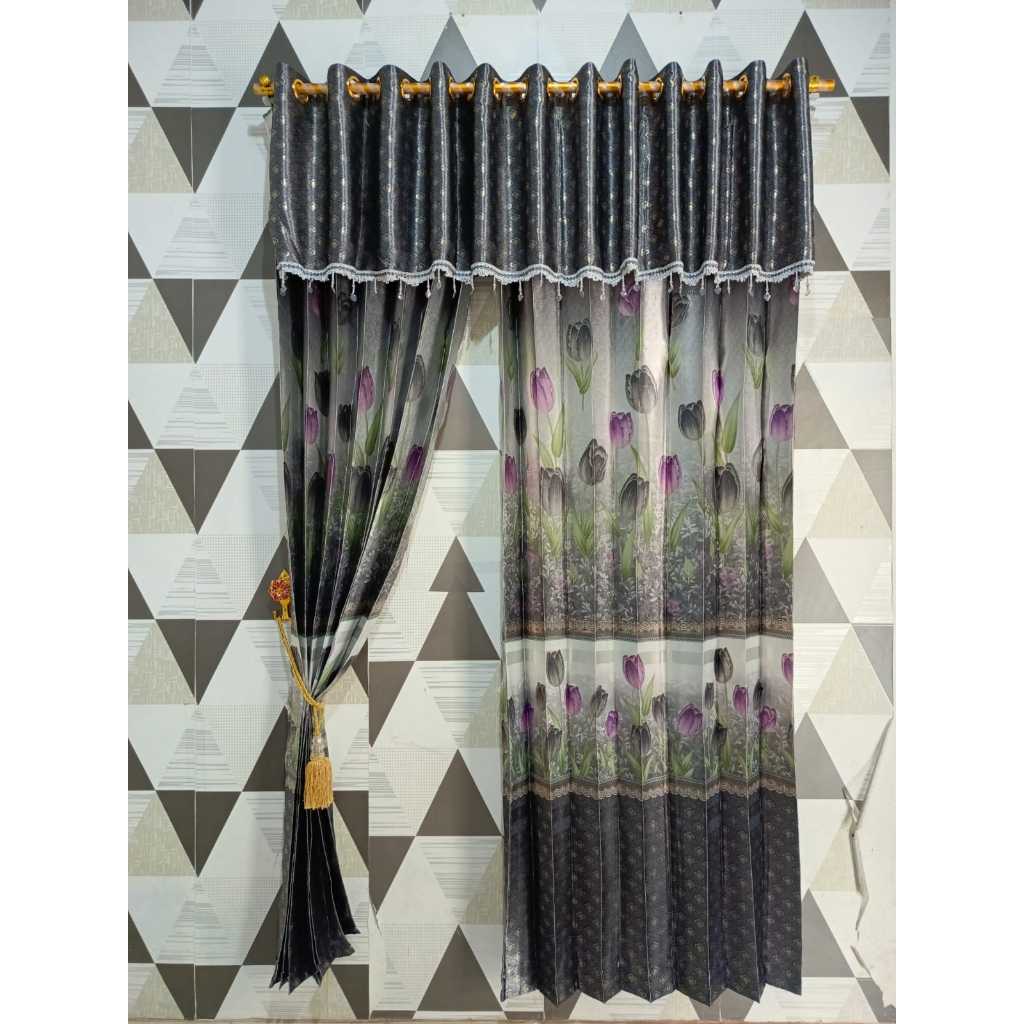 Gorden Blackout Premium/ gorden Motif Tulip Model Poni pisah Jendela & Pintu Mewah Gold