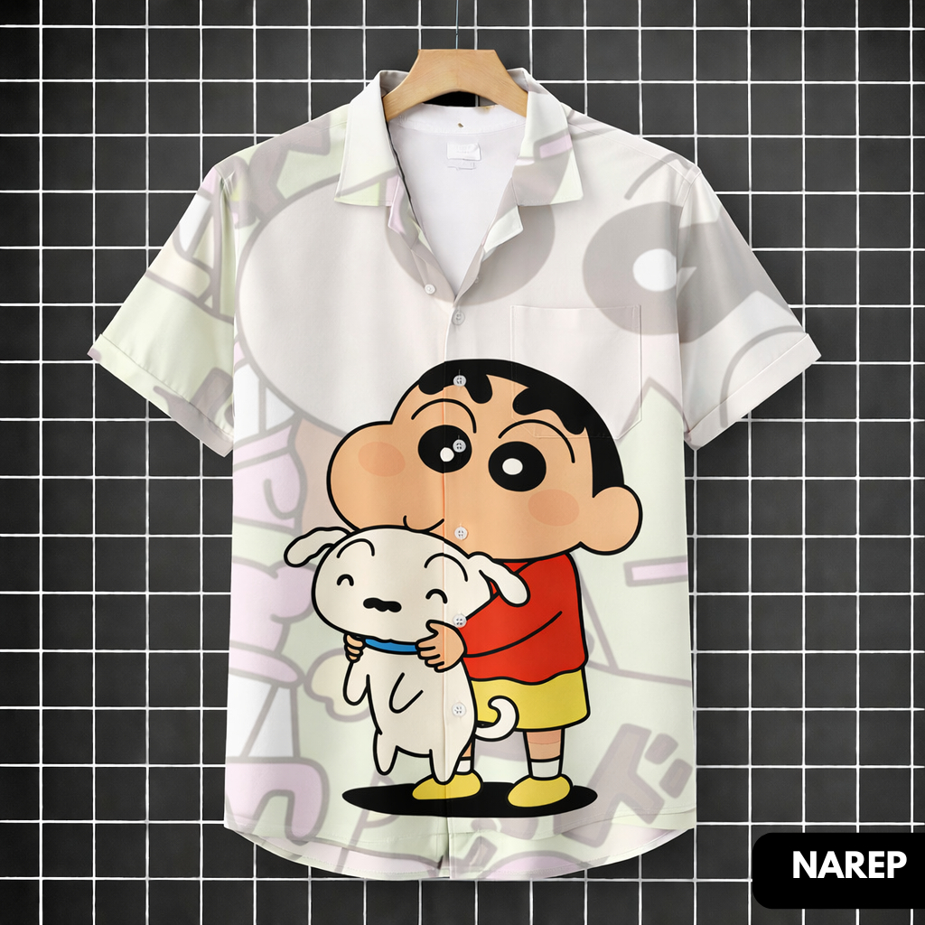 NAREP - Kemeja Lengan Pendek Motif Karakter Kartun Shin-Chan X Shiro - Kemeja Pria Lengan Pendek Fas