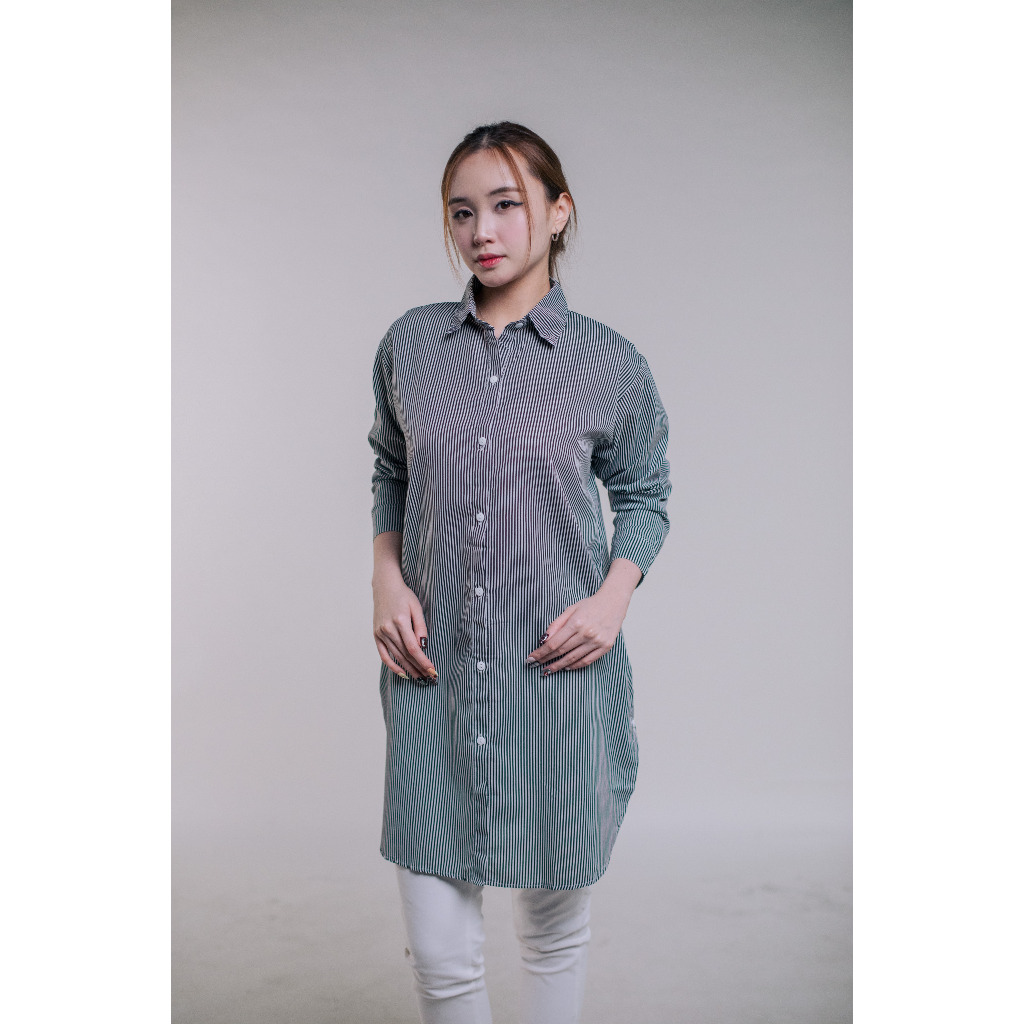 Kemeja tunik salur / long kemeja motif salur / tunik salur wanita / kemeja casual
