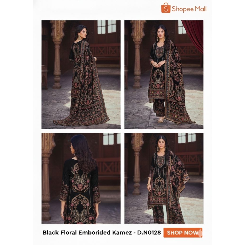 ORI INDIA-Baju India Wanita Original, Lyanz Fashion (LF) Black Floral Embroidered Salwar Kameez, Set