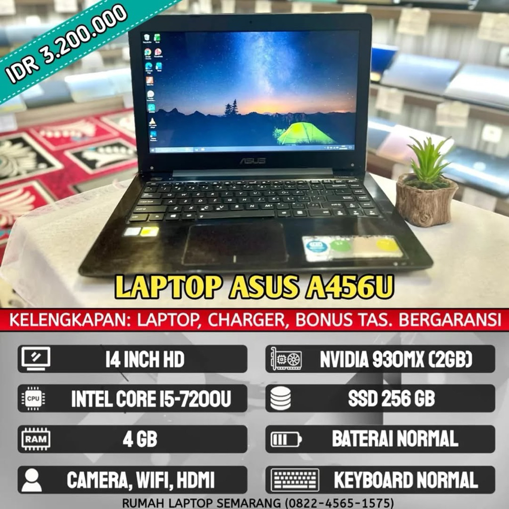 Laptop Asus A456U (second). Intel Core i5-7200U. RAM 8 GB. SSD 256 GB. VGA NVIDIA 930MX (2 GB)