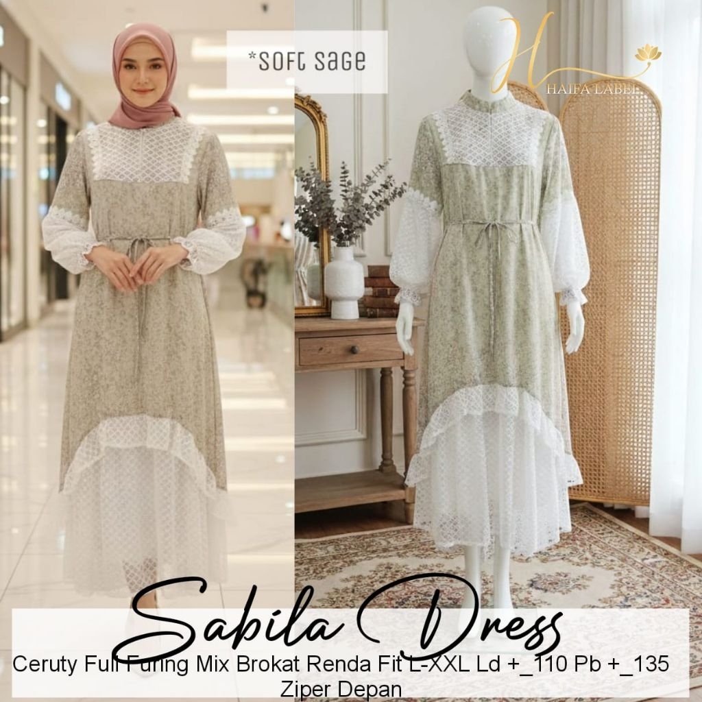 Sabila Dress Baju Gamis Lebaran Kondangan Bahan Ceruti Mix Brokat Full Furing Cantik Mewah Trendy