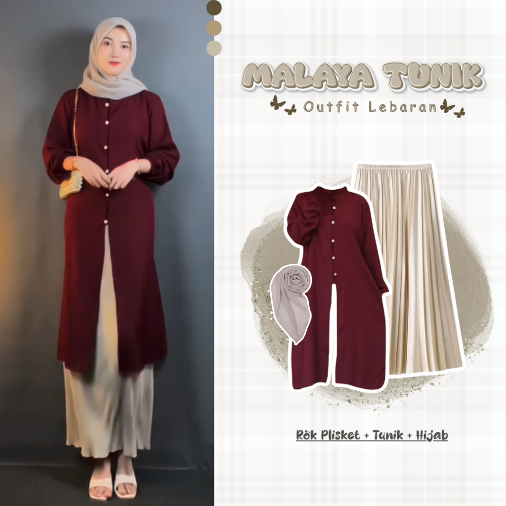 One Set Lebaran Simpel Dan Terbaru | Tunik malaya + Rok + Bella Square Wanita Kekinian  SET TC-283