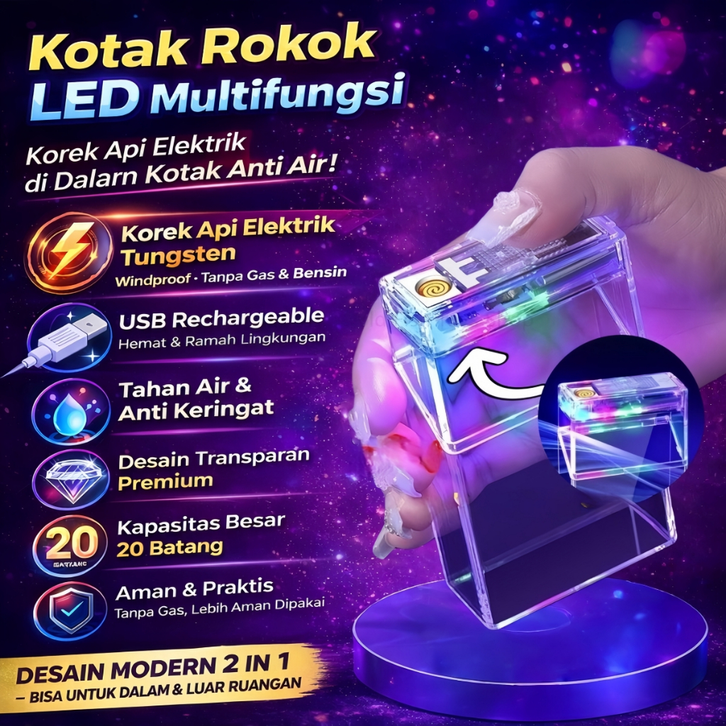 Kotak Rokok LED Transparan dengan Korek Api Elektrik USB Rechargeable  Tungsten Windproof  Tahan Air