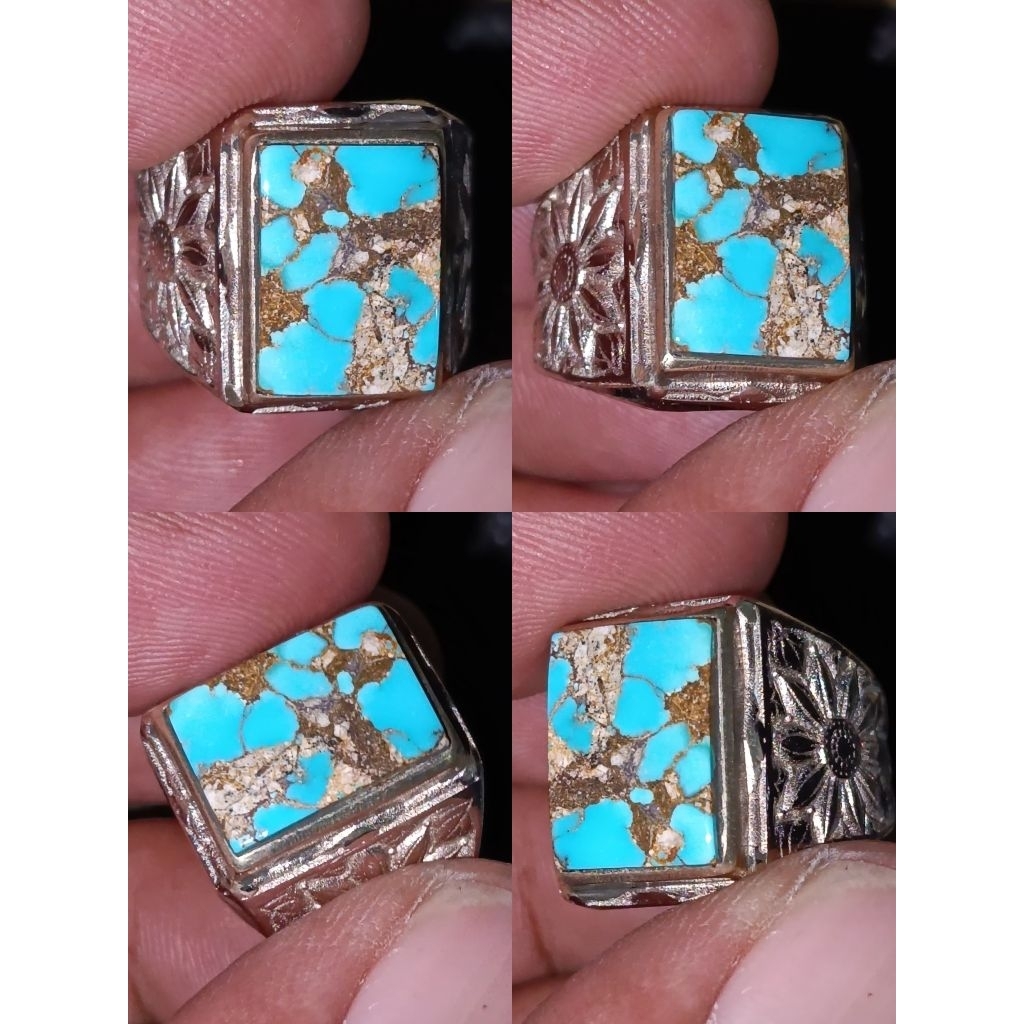 cincin pirus persia lawasan biru toska super urat emas