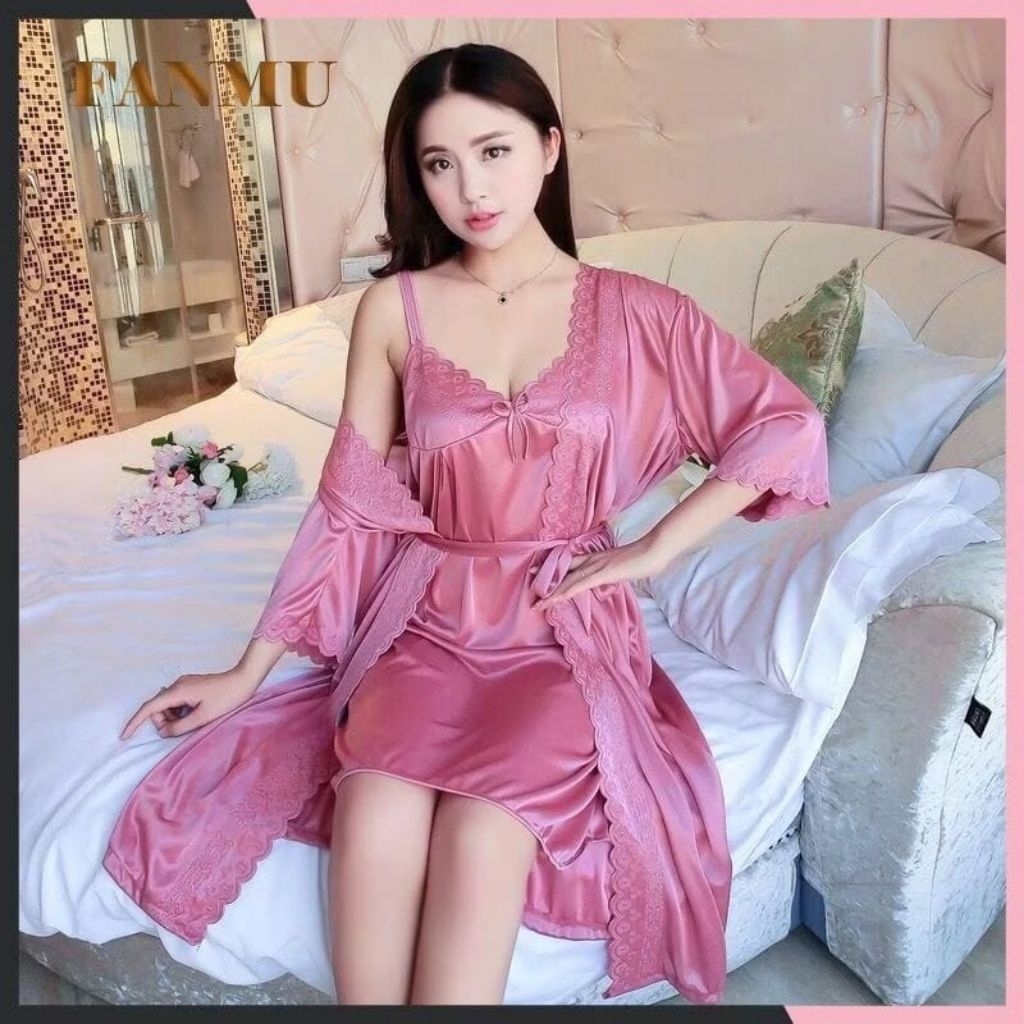 Baju Tidur Wanita Kimono Tricot Dress Lingerie Set 2in1 Luaran Dan Daleman Lingerie Satin Import Sex