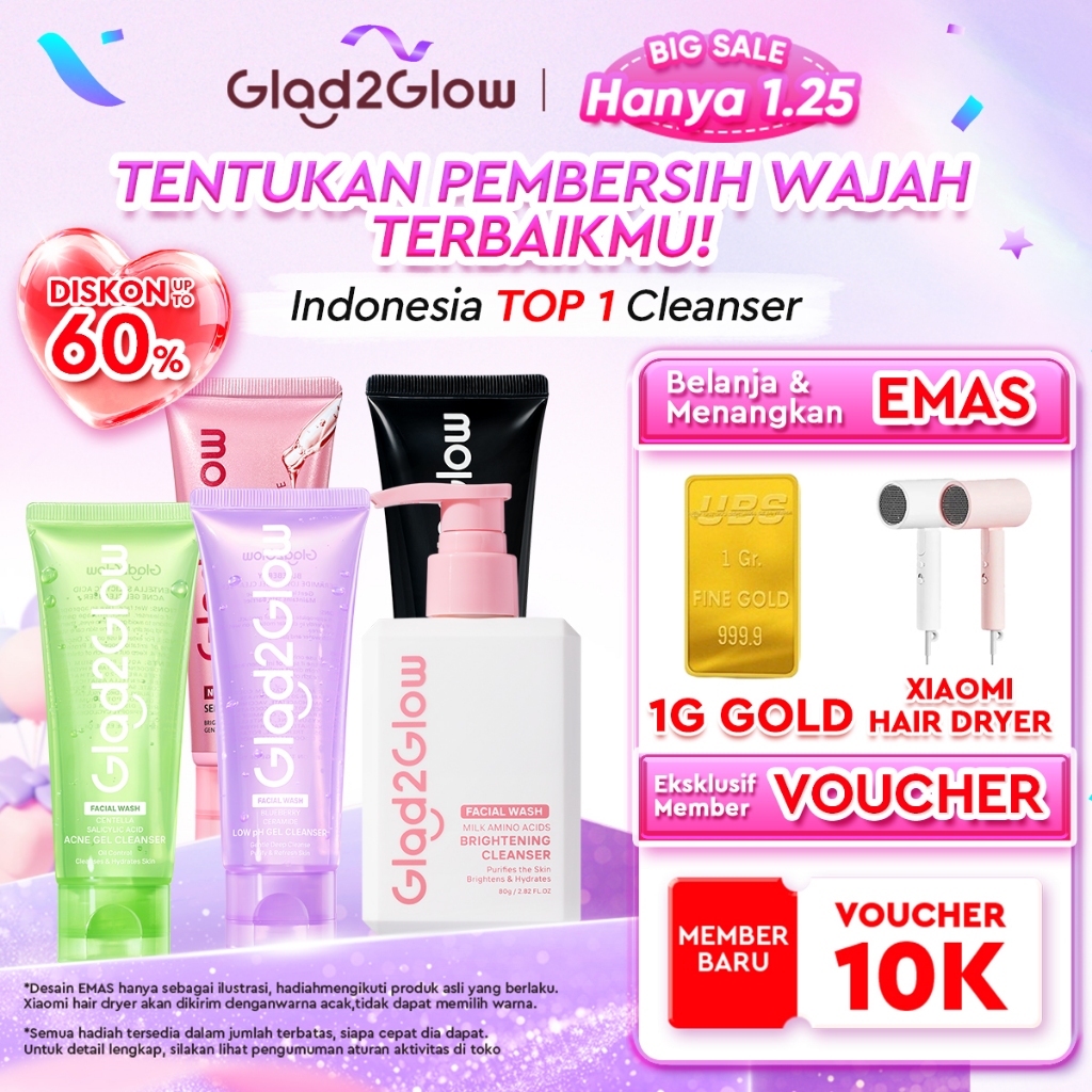Glad2Glow Facial Wash All Series-Pembersih low pH lembut,pembersih niacinamide pencerah,pembersih je