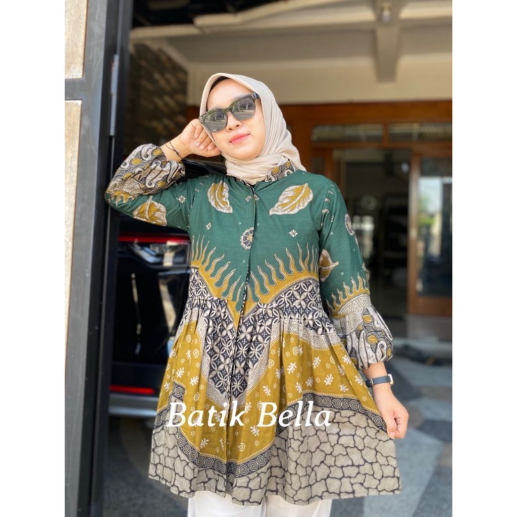 Albatik | blouse batik lengan balon bahan katun warna sage