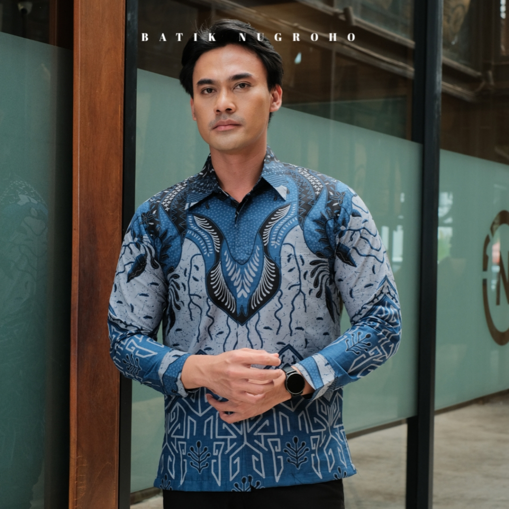KEMEJA BATIK BASWARA BIRU - BATIK NUGROHO - Kemeja Batik Pria Cowok Laki-Laki Lengan Panjang Premium