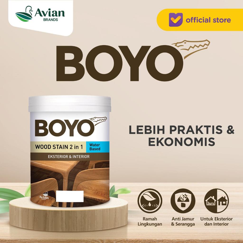 Boyo Woodstain 2 in 1 Pewarna + Top Coat 1liter, Boyo Plitur Kayu 2 in 1, Boyo Woodstain Plitur Kayu