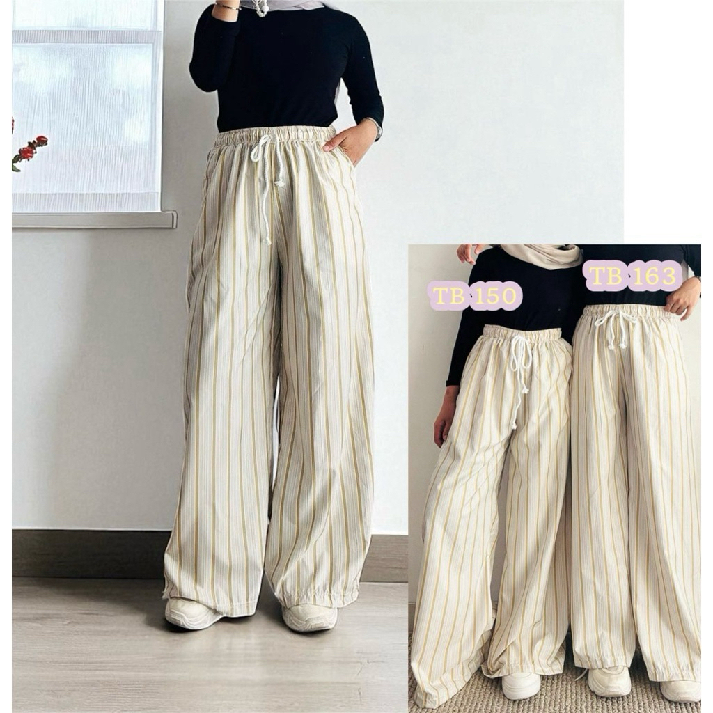 Celana Panjang Wanita Highwaist - Pinggang Karet, Saku Praktis, Pola Garis-garis