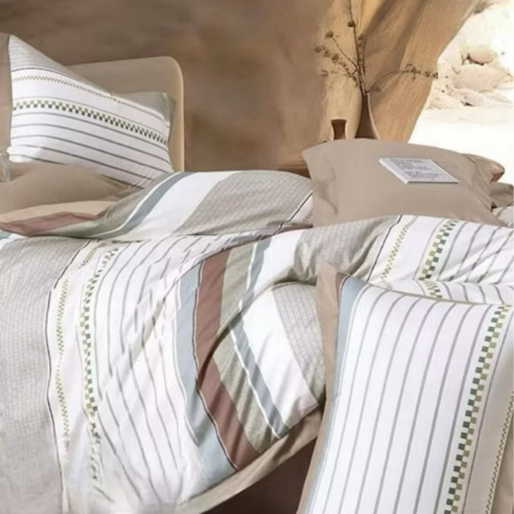 BIOSIBEDDING Sprei Katun Jepang Original Motif Garis Minimalis Custom Size Rumbai Rempel Shabby