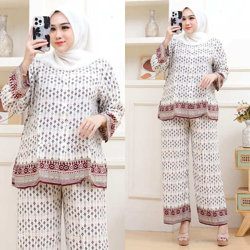 One Set Wanita Kekinian Setelan Rayon Celana Kulot Lengan 7/8 Setean Jumbo Bahan Rayon Adem Nyaman O