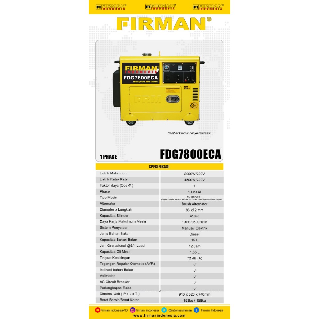 Genset Silent Diesel Solar Firman FDG7800ECA - 5000 Watt