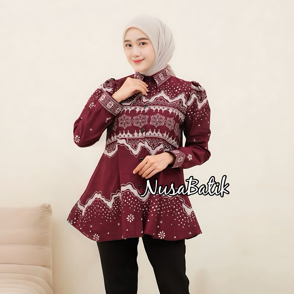 (NusaBatik) Baju Batik Wanita Blus Kerah Lengan Panjang Atasan Batik Pria Wanita Seragaman Kantor Te