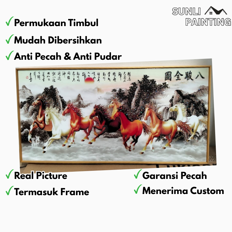 SUNLIPAINTING Lukisan Porcelain 5D - Motif 8 Kuda - Lukisan Kantor Dan Ruang Tamu - Dekorasi Rumah