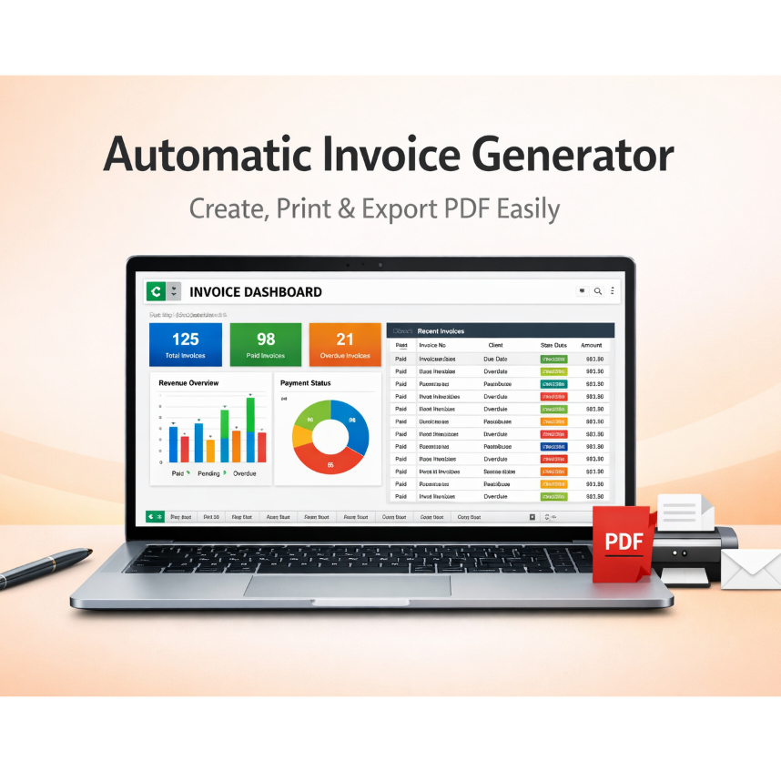 Template Invoice Otomatis Excel – Cetak Invoice & Export PDF untuk Usaha