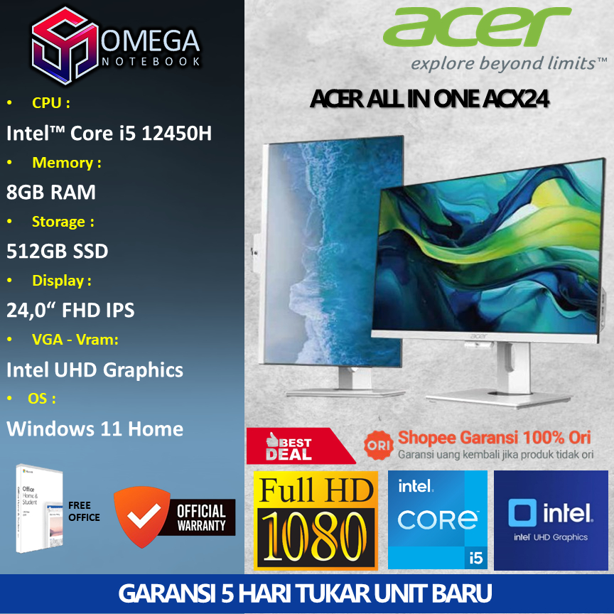 ACER PC AIO ACX24 Intel Core i5 12450H 8GB 512GB Windows 11 FHD 23.8 Inch Baru