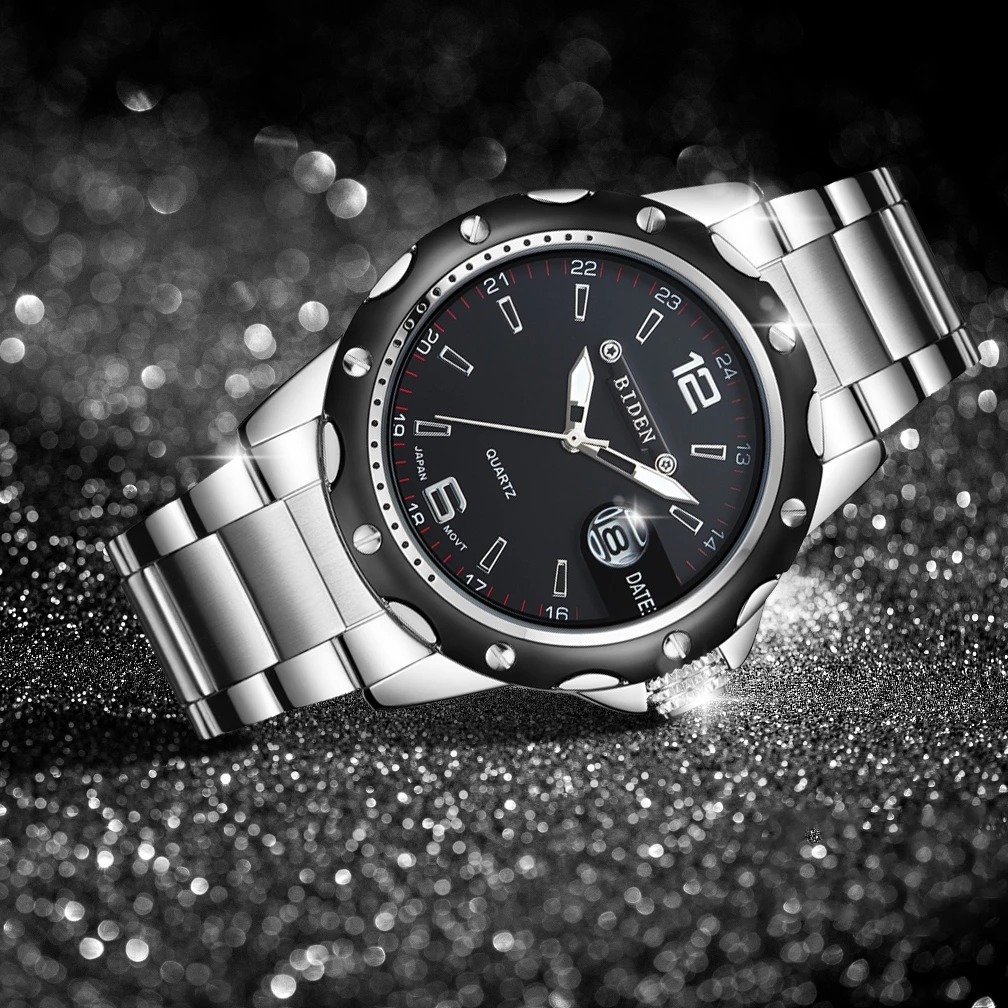 BIDEN Jam Tangan Pria Original Kuarsa Kalender Tali Stainless Steel Jam Tangan Cowok Anti Air - Silv