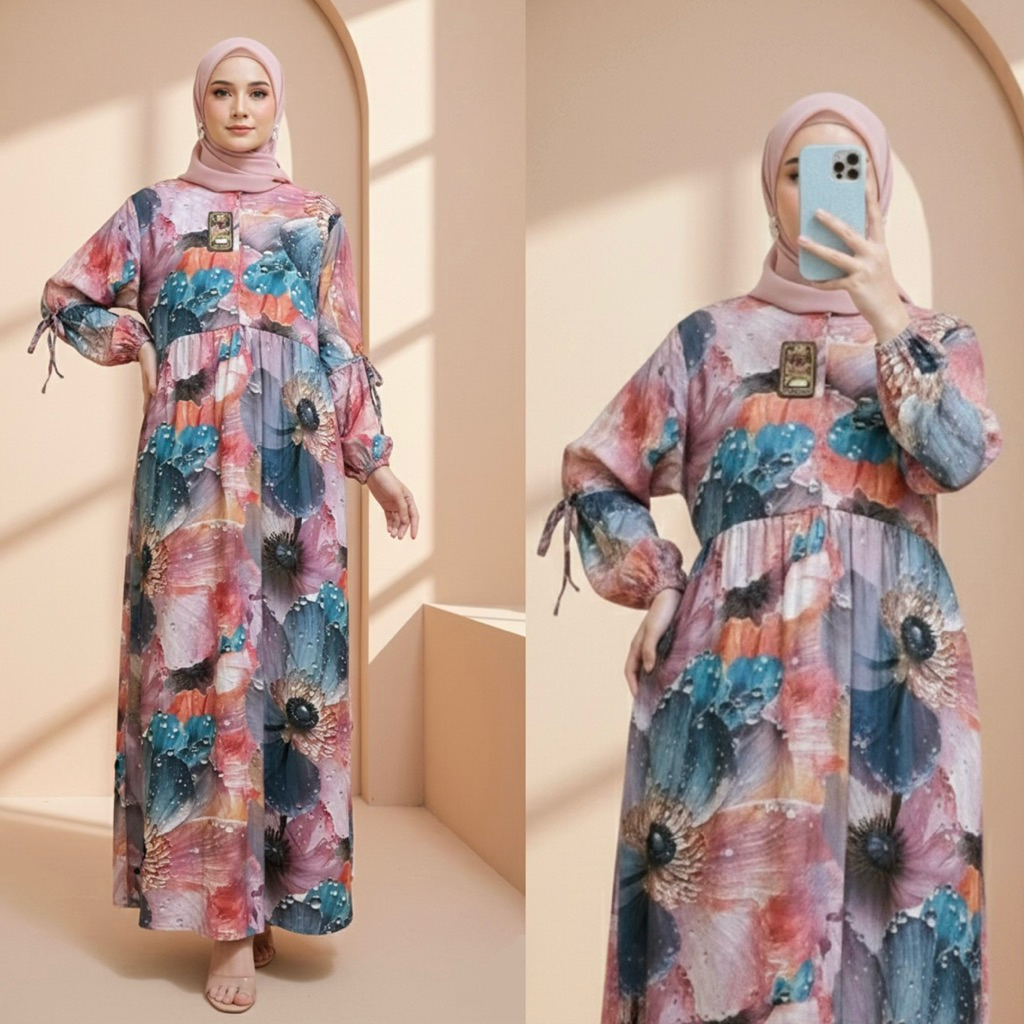 Gamis Iris Gamis Rayon Jumbo Gamis Rayon Motif Lengan Pita Bahan Rayon Premium Busui Bumil Friendly 