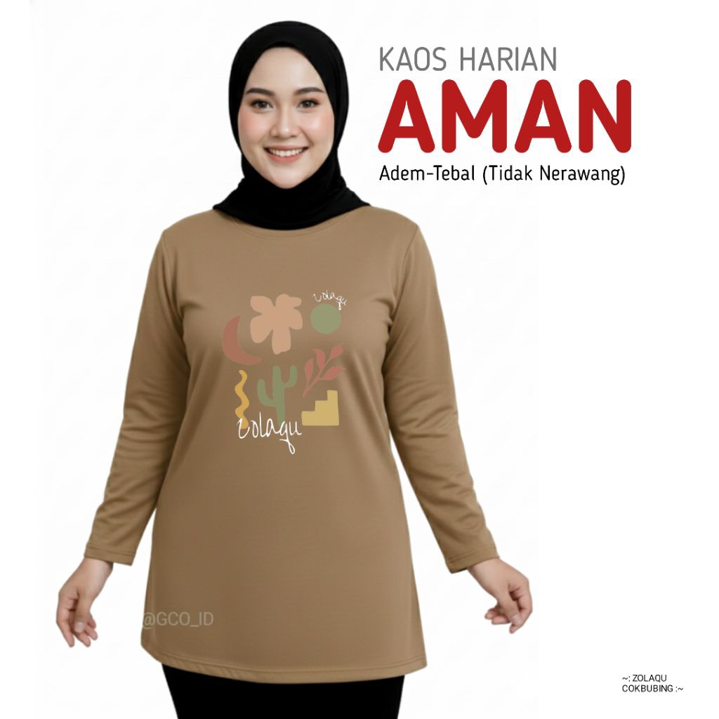 Kaos Harian Aman Nyaman Zolaqu Original 2026 Tebal Adem Lengan Panjang Korean Hijab Style Cokelat ZL