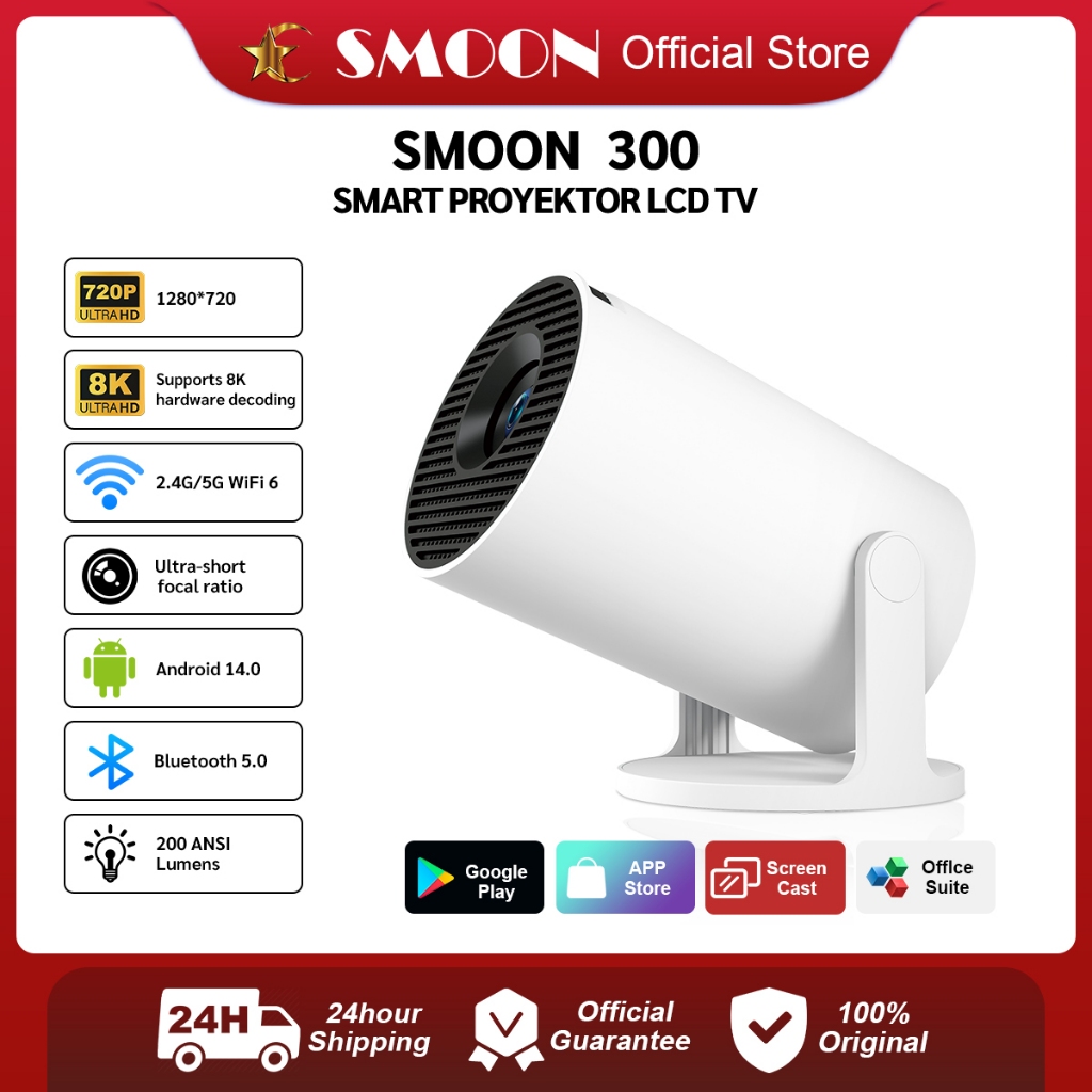 SMOON 300 Smart Projector LCD TV - Proyektor Pintar - 200 ANSI - Android 14 - Netflix - YouTube - 10